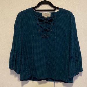 Trovata Plaid 3/4 Sleeve Lace-Up Top